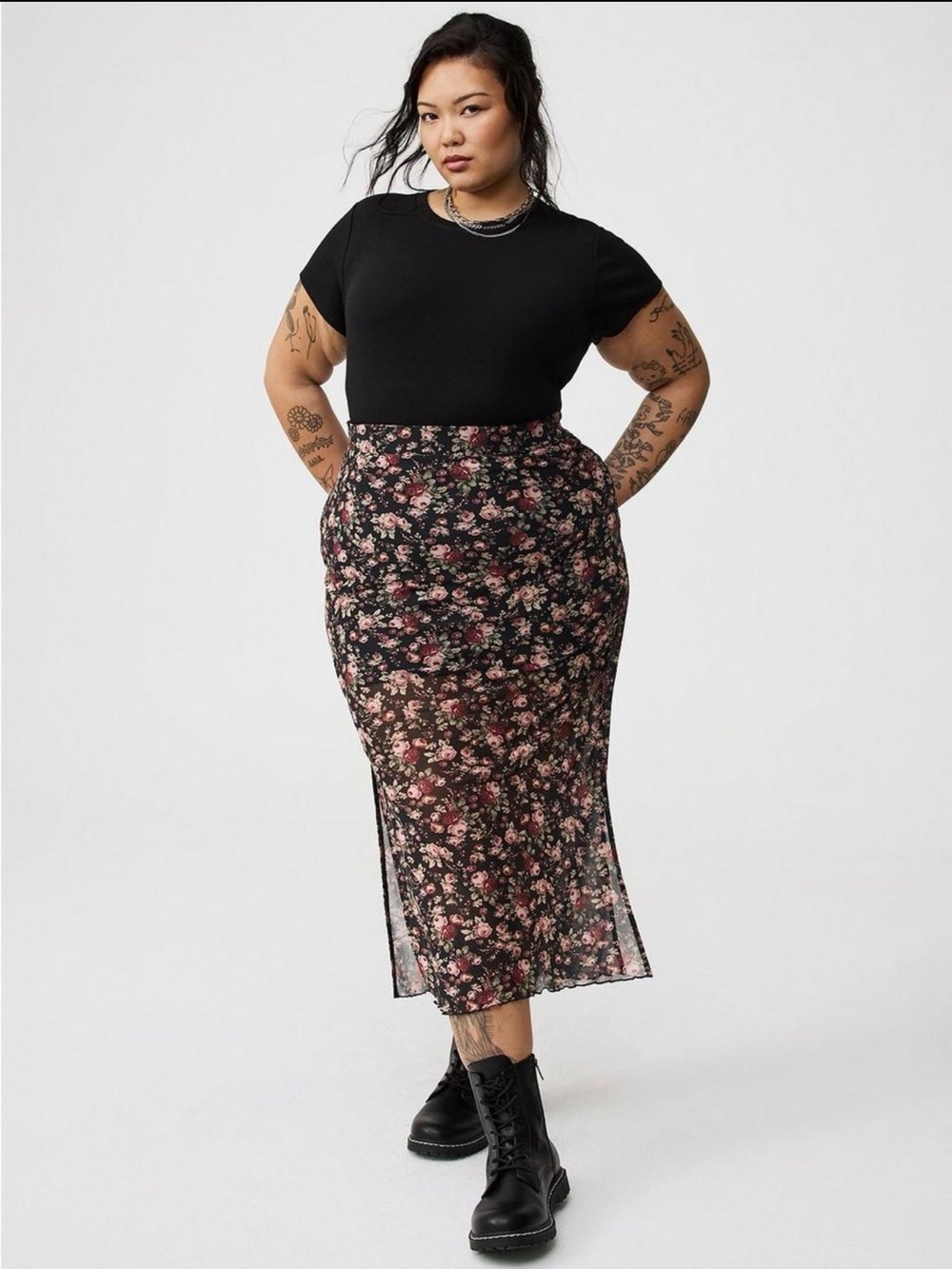 NWT Torrid 1X 14 16 Floral Mesh Maxi Column Skirt Black Sheer Slit Plus Size